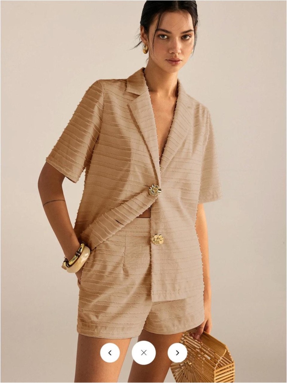 Commense Tan Textured Short Sleeve Blazer & Shorts Set